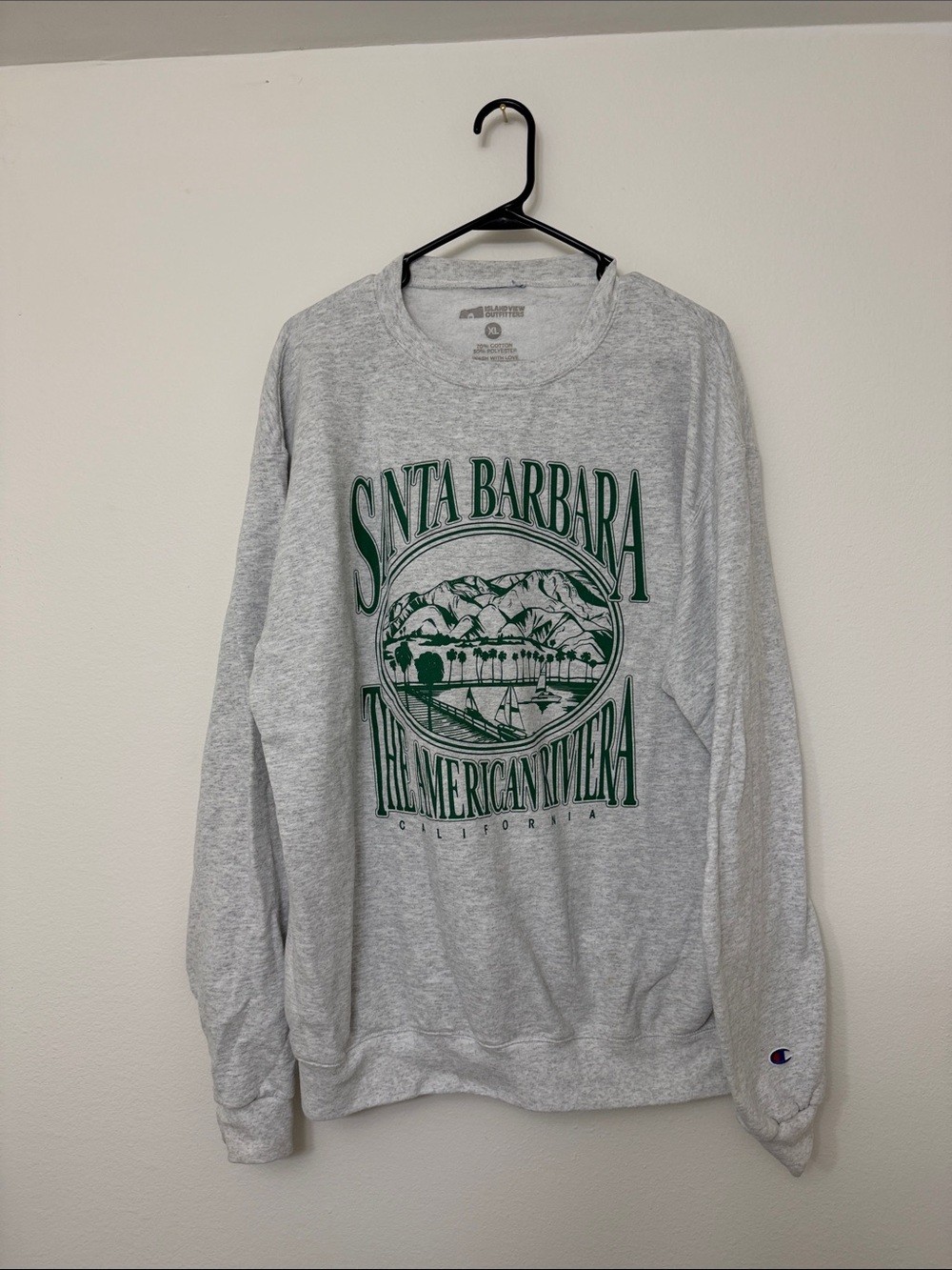 Champion Grey Crewneck Sweatshirt with Green Santa Barbara Graphic